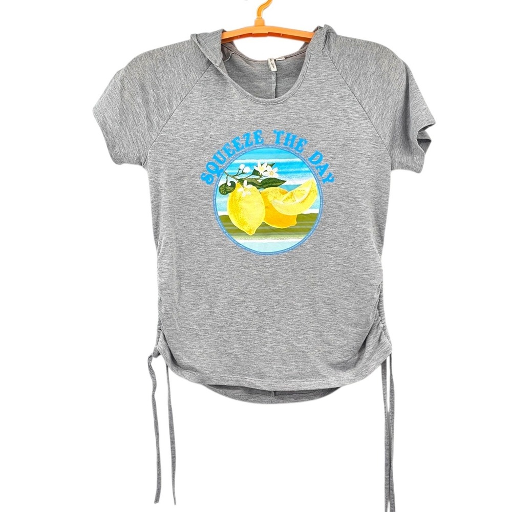 Live Well Lifestyle Gray Lemon Graphic Hooded Tee Short‎ Sleeve Cinched Size M